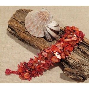 Red Sea Shell Dyed Mother of Pearl & Seed Bead Woven Wide Band Bracelet